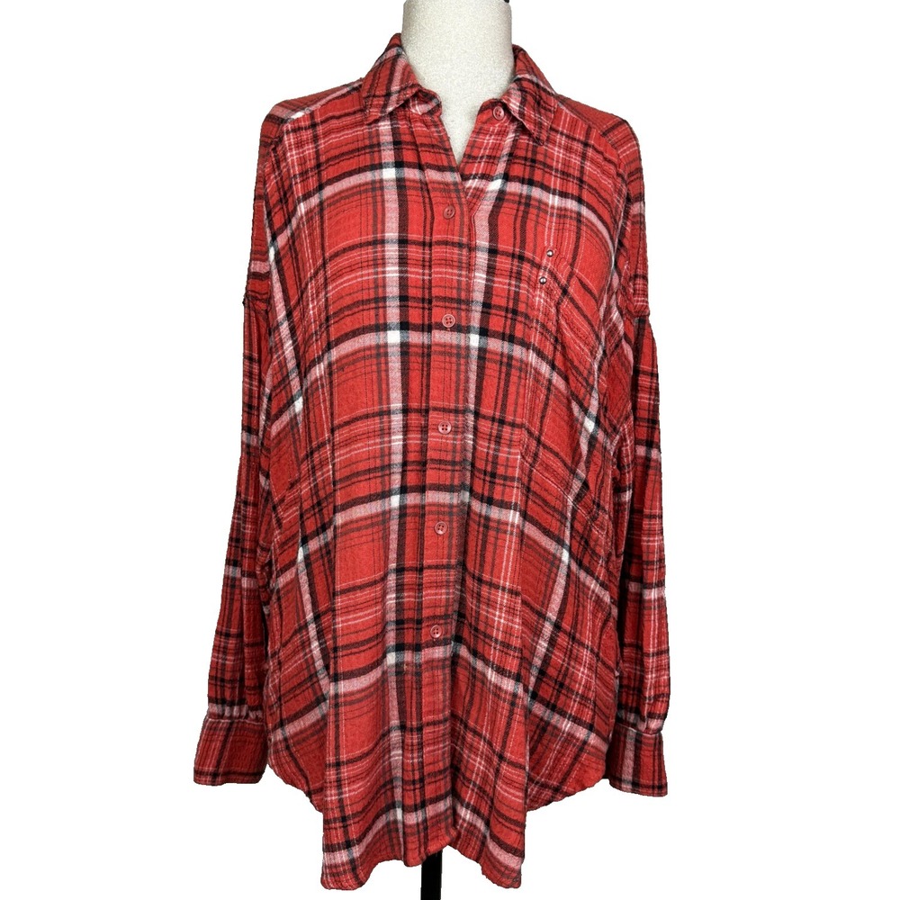 We The Free People Shirt Womens M Red Plaid Flannel Button Tunic Top Oversized